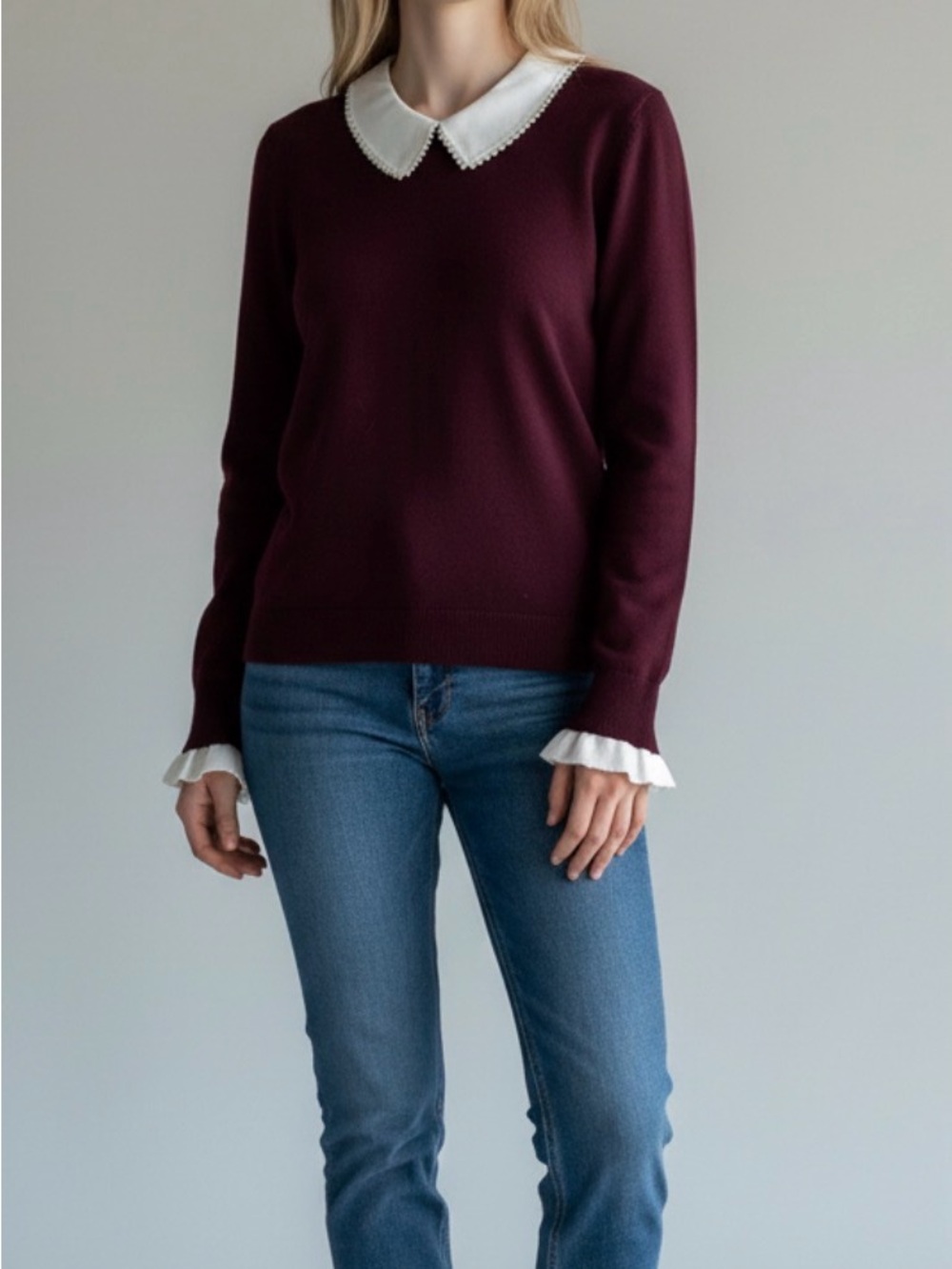 CeCe Burgundy Crewneck Sweater with White Peter Pan Collar and Pearl Accents